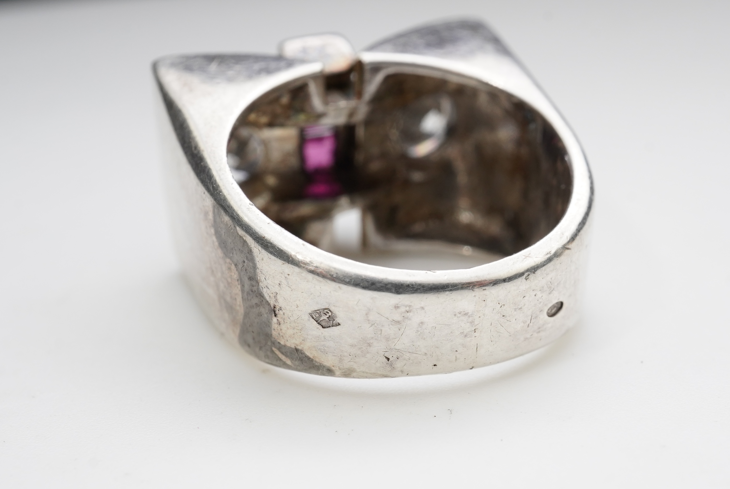 Two Retro synthetic stone and paste cocktail rings, 1940s